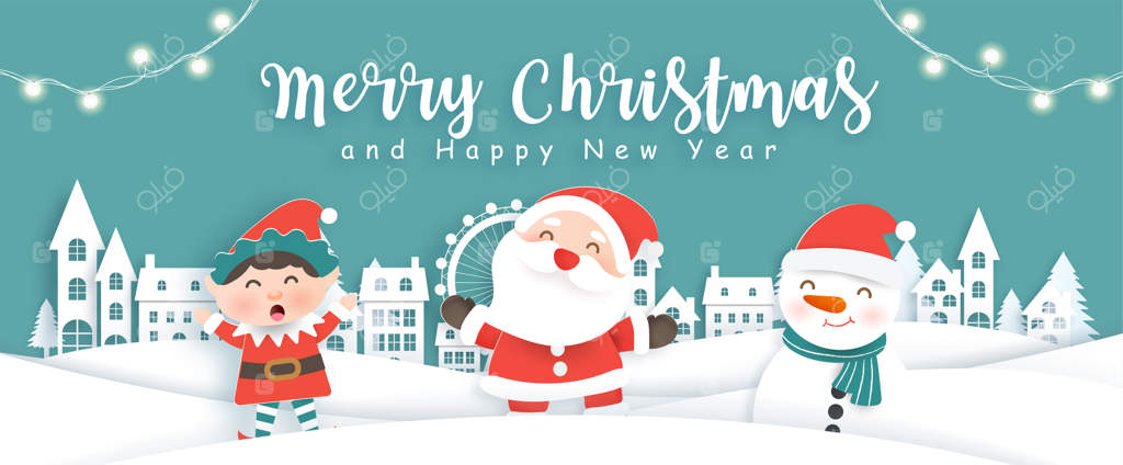 کریسمس مبارک با بابانوئل و دوستانش برای پس‌زمینه کریسمس، کارت پستال در سبک کاغذ بری و هنر دست.