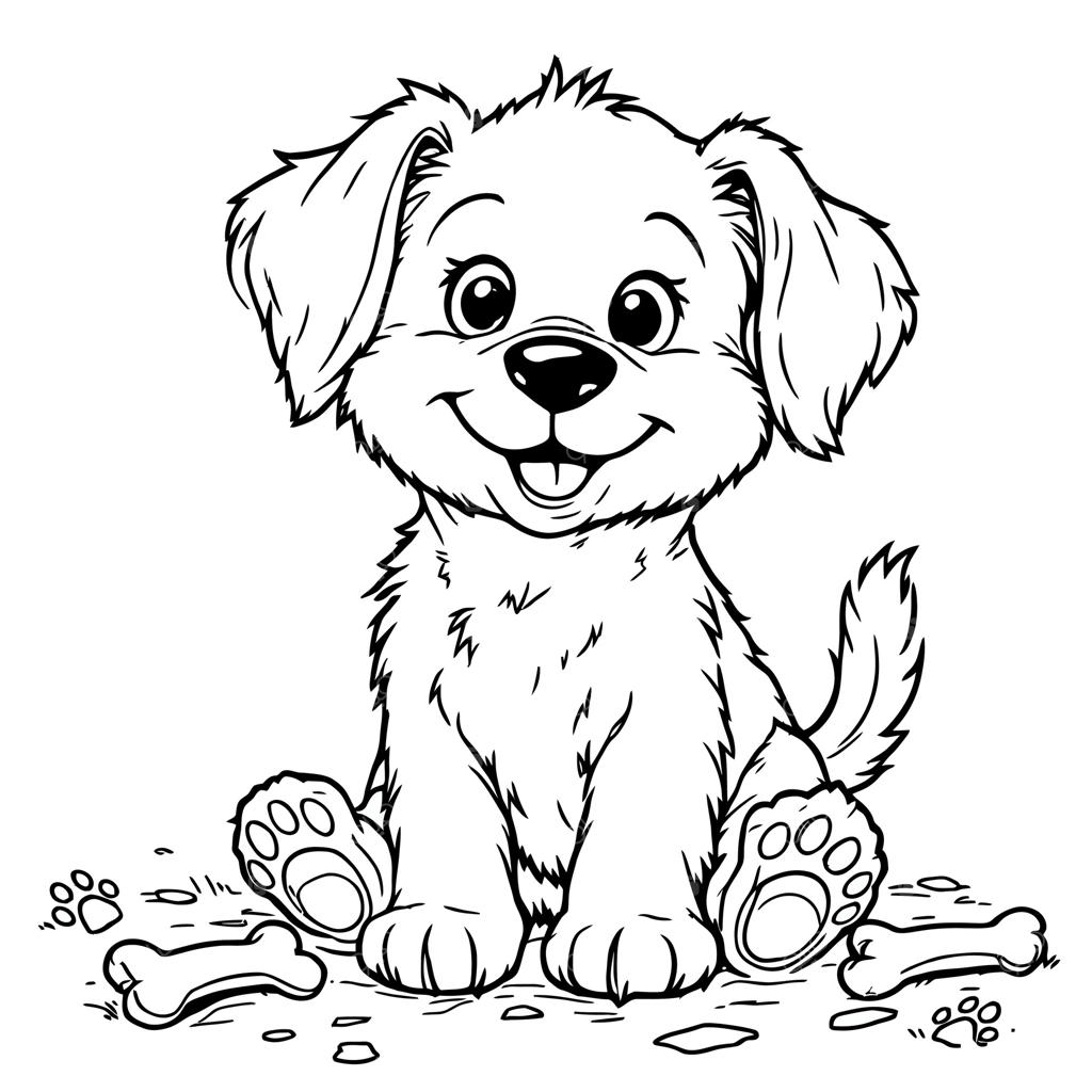صفحه رنگ‌آمیزی هنری: توله‌سگ پشمالوی ناز با استخوان‌ها و نقش پنجه‌ها
