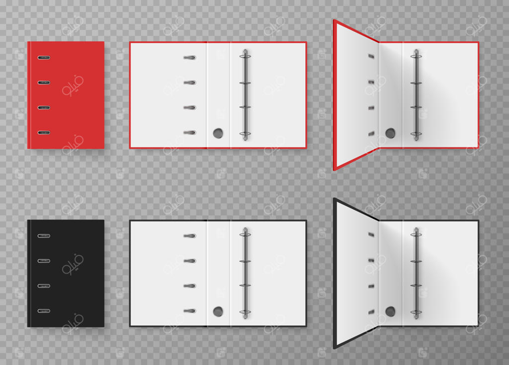 دفتر کلاسور اداری A4 قرمز و مشکی با حلقه‌های فلزی - قالب واقعی وکتور روی پس‌زمینه شفاف