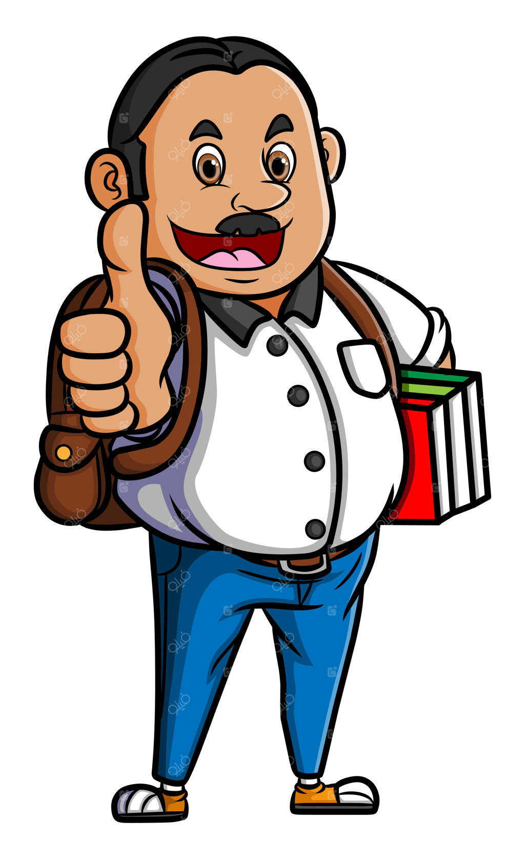 جوانی با کلی کتاب و نشان دادن علامت تایید انگشت دست در حال لبخند زدن است