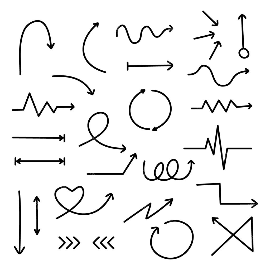 مجموعه‌ای از فلش‌های دست‌کشیده و دودل. تصویر برداری شده و جدا شده بر روی پس‌زمینه سفید.