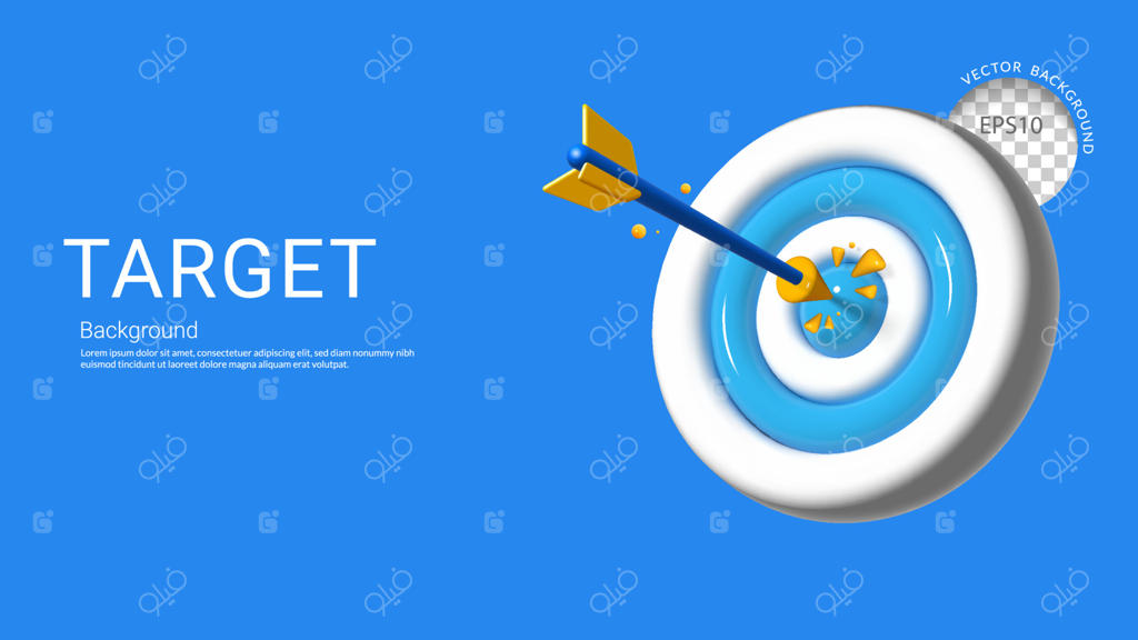 کمان سه‌بعدی که به مرکز دارت برخورد کرده است روی پس‌زمینه آبی، مفهوم موفقیت در مأموریت و اهداف شرکت، تصویرسازی وکتور