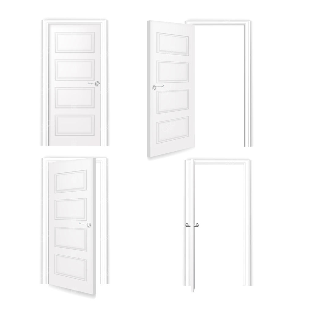 در سفید بسته، نیمه‌باز، و باز درگاه با چهارچوب در ورودی اتاق مدرن اداری یا خانگی با دستگیره