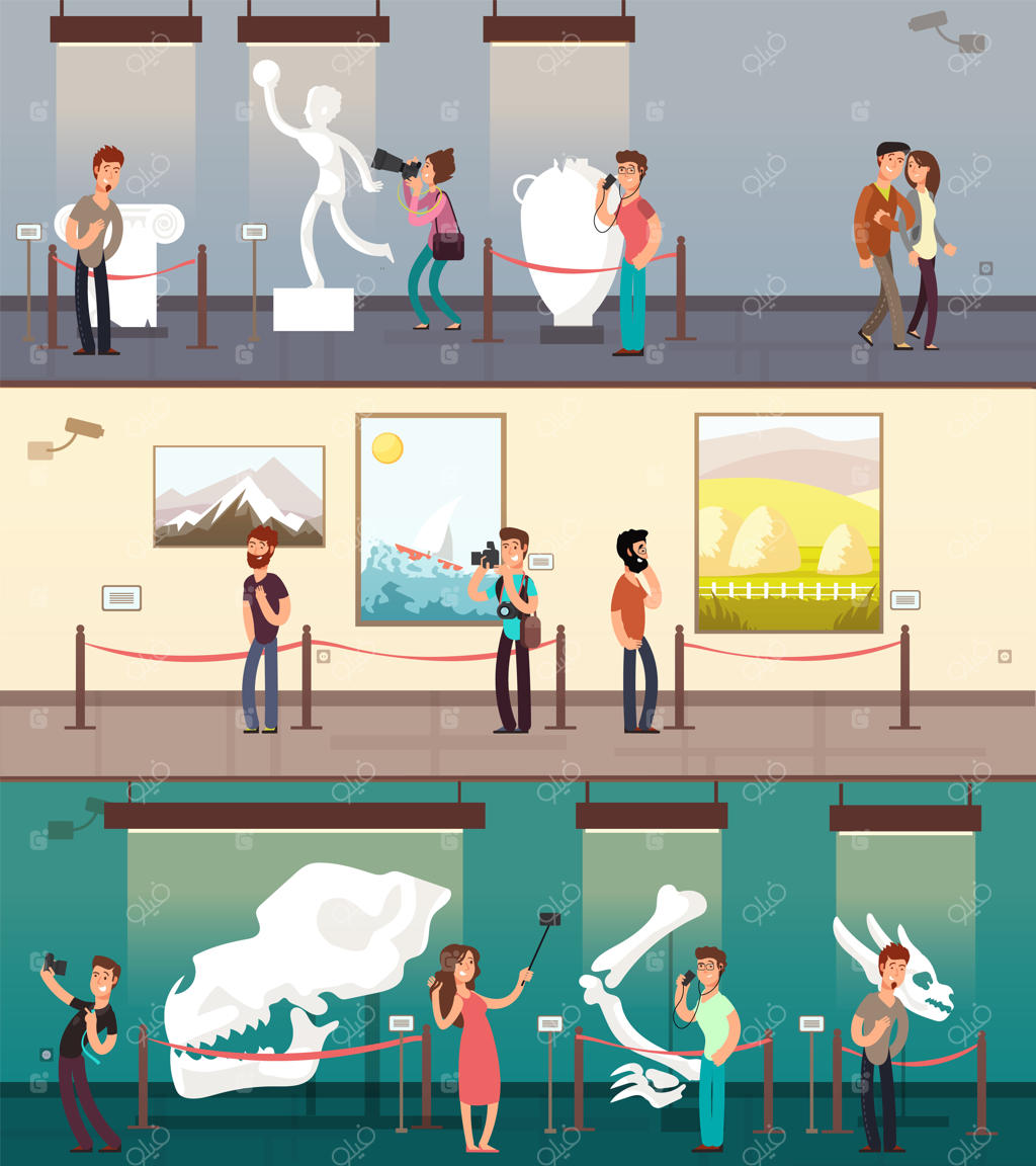 تالار موزه با تابلوهای هنری، نمایشگاه و بنرهای کودکان