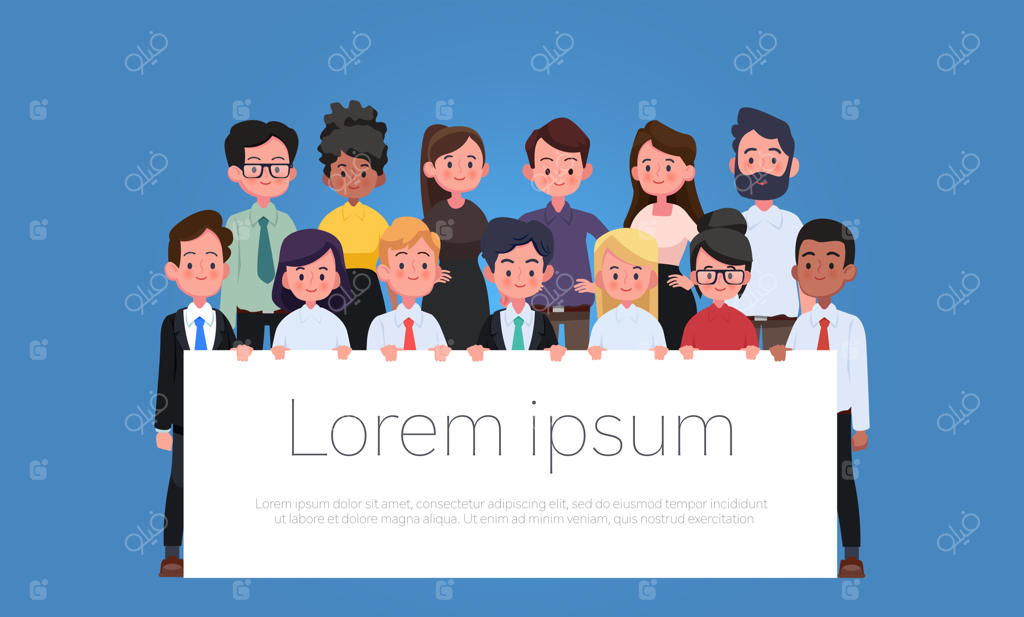 گروهی از افراد کاری متنوع، زنان و مردان کسب‌و‌کار در کنار هم بر زمینه سفید