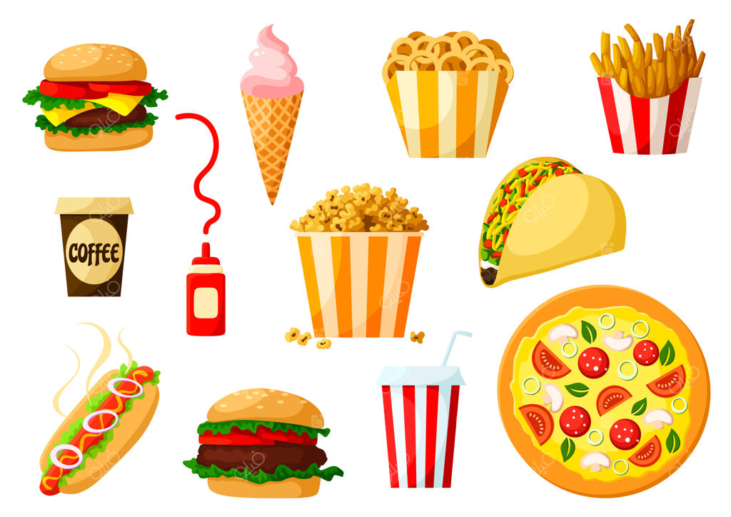 مجموعه آیکون غذاهای فست‌فود به همراه نوشیدنی و دسر