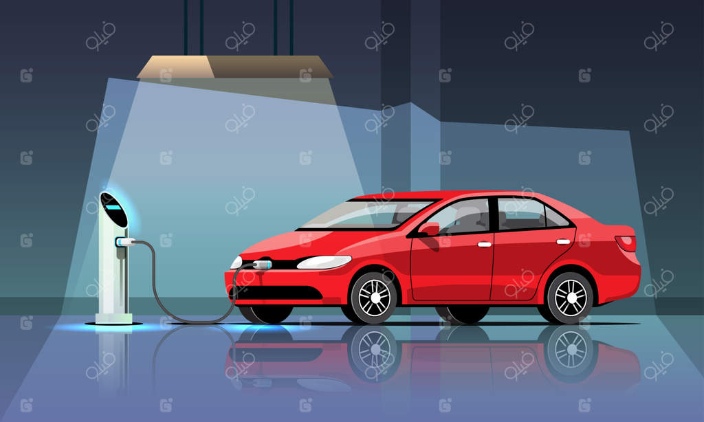 اتومبیل برقی در ایستگاه برق گاراژ در حال شارژ شدن است.
