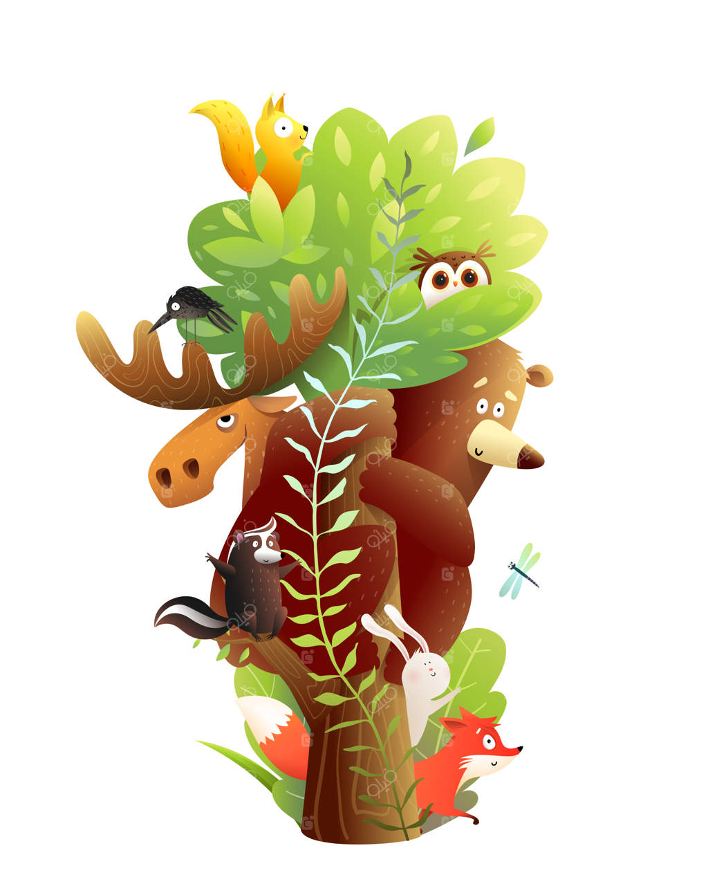 دوستان حیوانات جنگل روی درخت بزرگ نشسته‌اند. خرس، گوزن شمالی، خرگوش، سنجاب و دیگر حیوانات. کارتون شاد و رنگارنگ از حیات وحش و باغ‌وحش برای کودکان. طراحی وکتور به سبک آبرنگ.