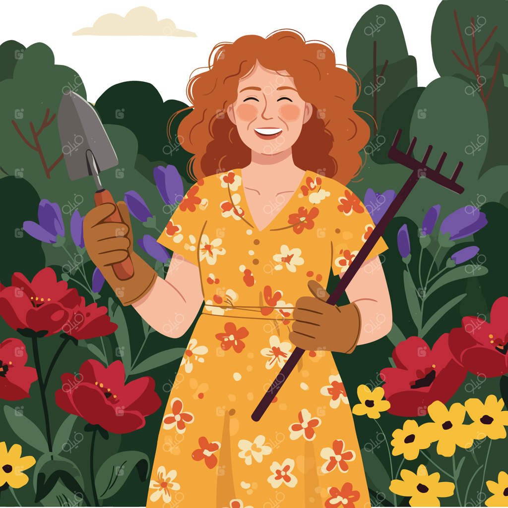 زنی با لباس زرد گل‌دار در حال باغبانی با بیل و چنگک در باغ گل‌های رنگارنگ