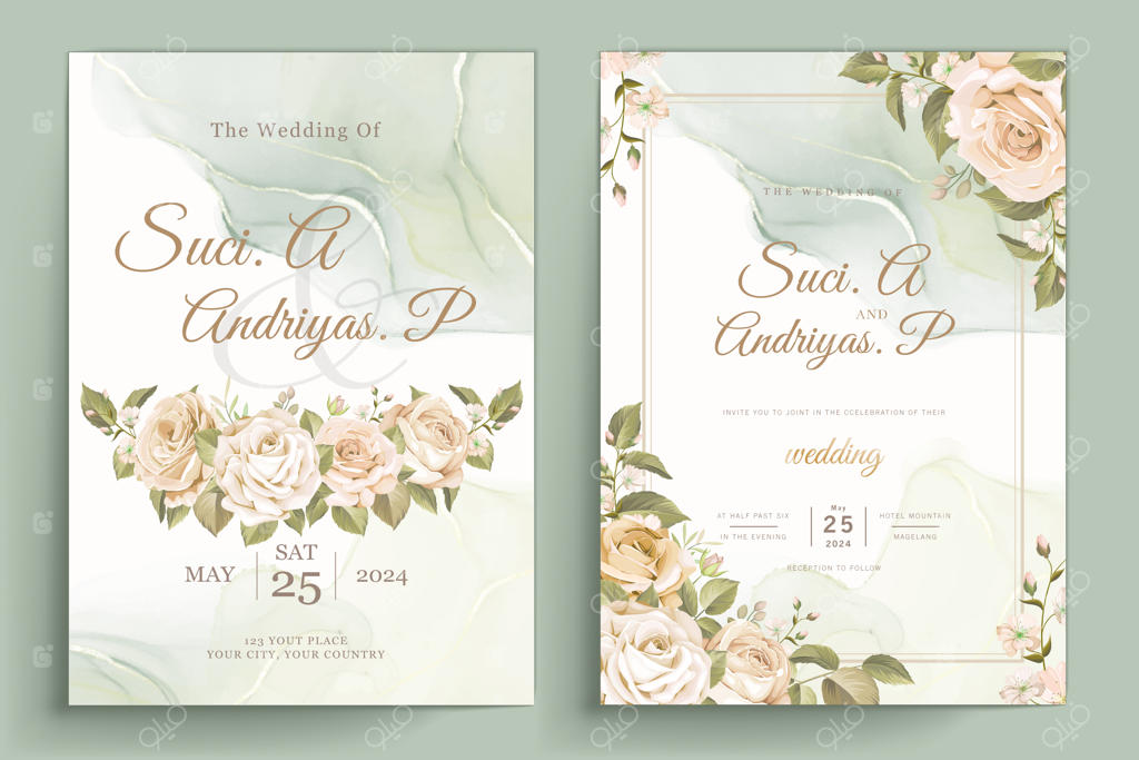 ست کارت دعوت عروسی با طراحی دستی گل‌های رز زیبا