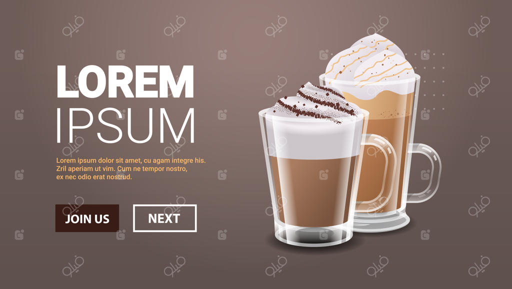 نوشیدنی‌های واقع‌گرایانه قهوه، فراپه داغ و گلاسه در لیوان‌های شیشه‌ای