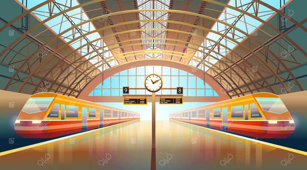 سکوی ایستگاه راه‌آهن با قطارهای پرسرعت مدرن و ساعتی دیواری.