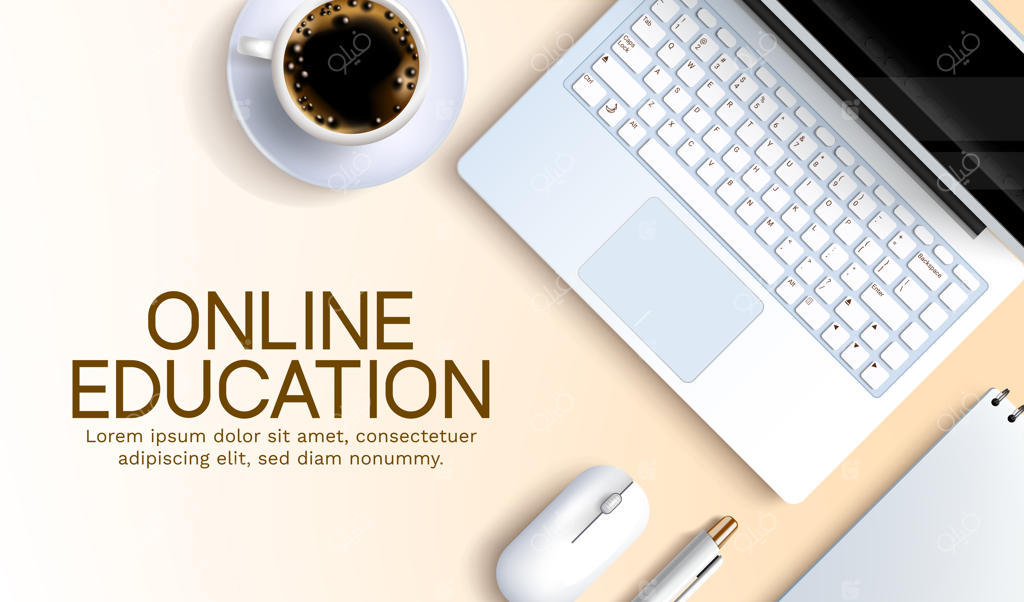 طراحی پس‌زمینه وکتوری مدرسه آموزش آنلاین با متن "آموزش آنلاین" و لپ‌تاپ ساده
