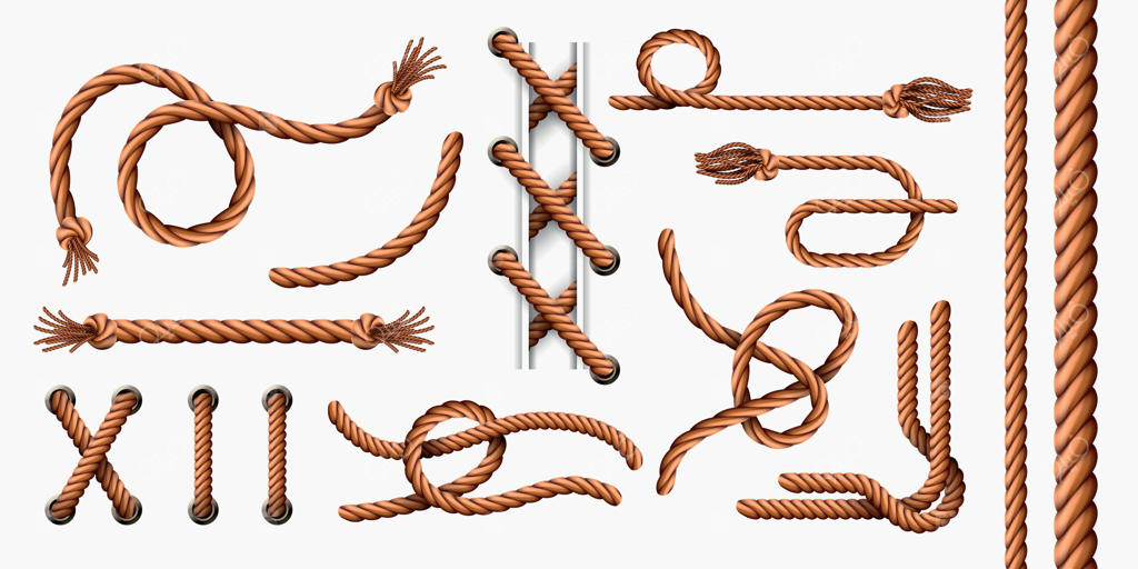 عناصر واقعی طناب: طناب‌های منحنی ملوانی با حلقه‌ها و گره‌ها، قلم موهای طناب کنفی و نخ با ریشه. مجموعه وکتور طناب در سوراخ‌ها