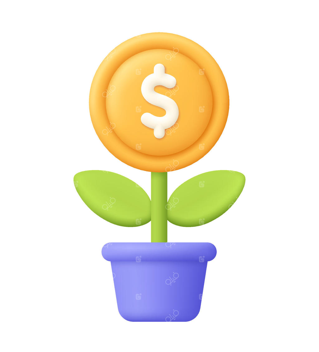 درخت پول با سکه‌های دلاری در گلدان. رشد مالی، سود کسب‌وکار، سرمایه‌گذاری و درآمد تجاری. آیکون سه‌بعدی. سبک کارتونی و مینیمالیستی.