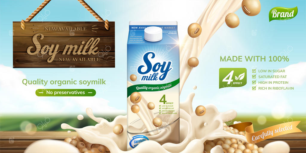 بنر شیر سویا با پاشش مایع و تابلوی چوبی در حال پرواز بر روی زمینه سبز با افکت بوکه به سبک سه‌بعدی