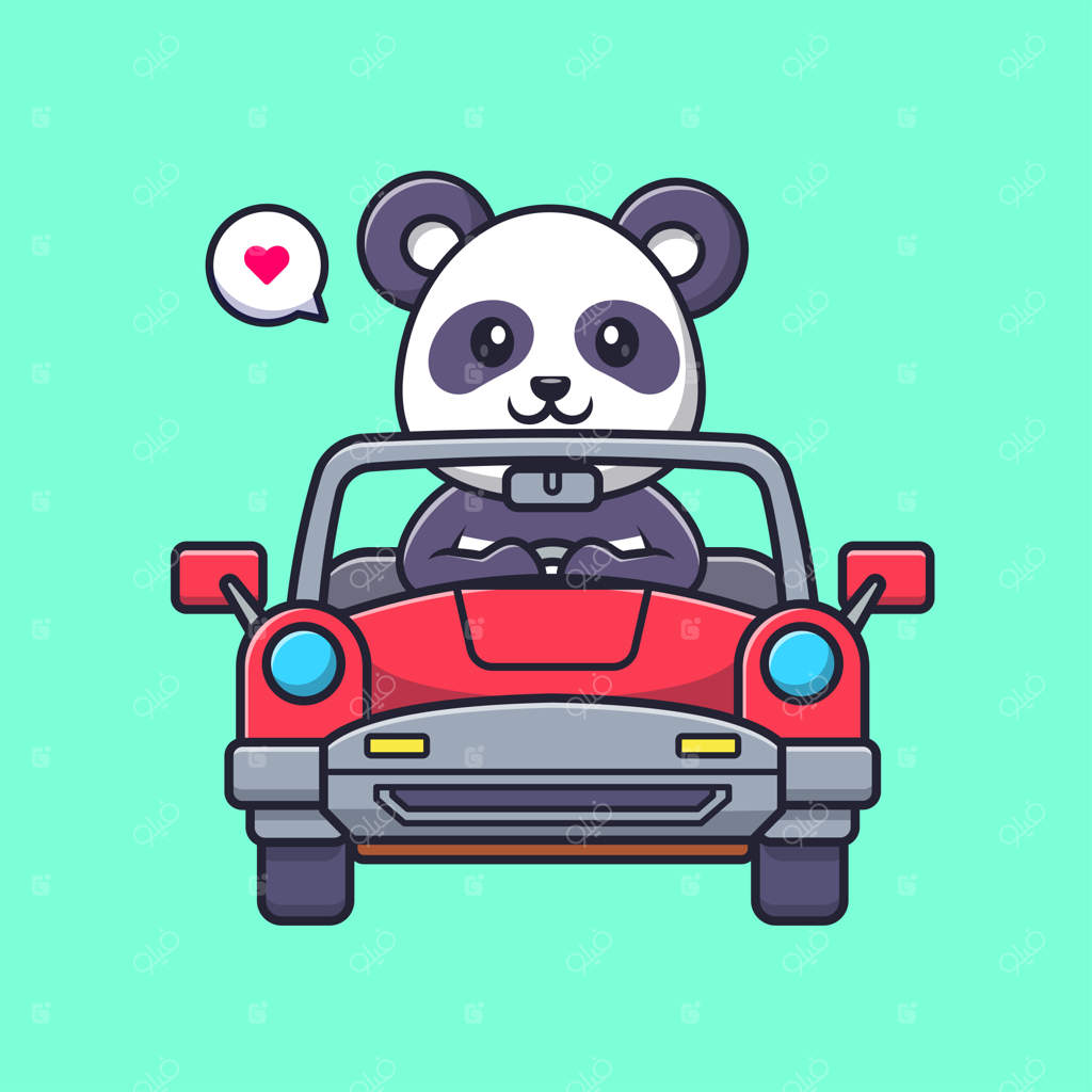 تصویر کارتونی آیکون وکتور پاندا بامزه در حال رانندگی ماشین. مفهوم آیکون حمل و نقل حیوانات به صورت جداگانه