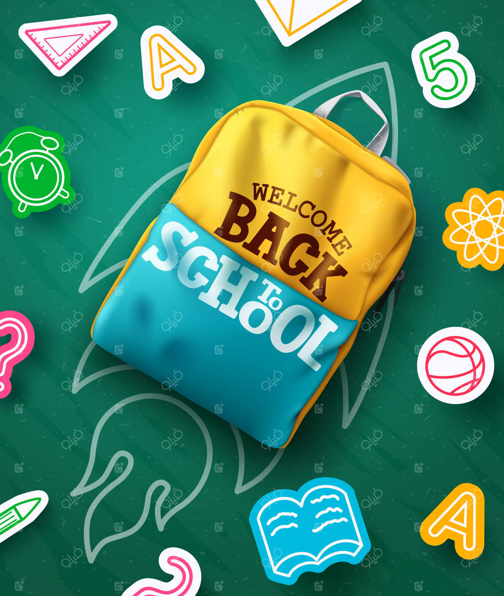 طرح مفهومی بازگشت به مدرسه: متن «بازگشت به مدرسه» همراه با المان کوله‌پشتی و کاغذ بُریده‌شده