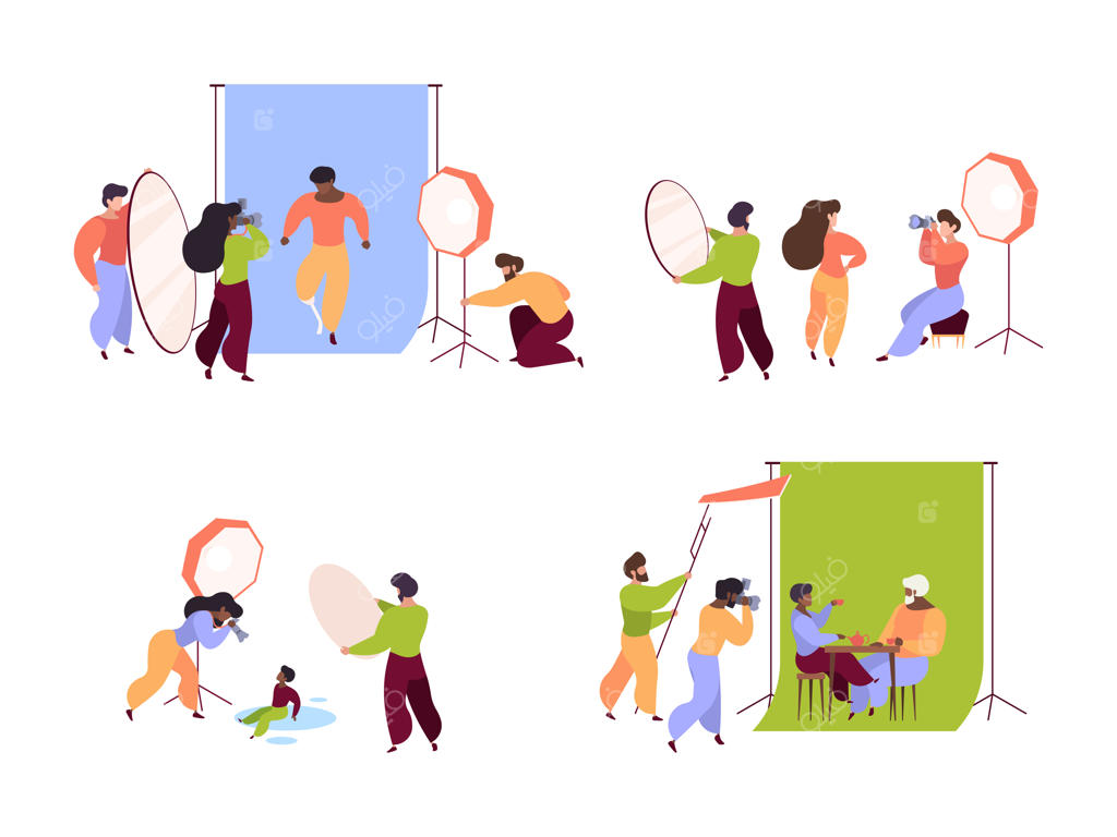 صحنه‌های وکتور مفهومی و پرزرق‌وبرق از عکاسان استودیویی، تولیدکنندگان رسانه و ژست‌های مدلینگ حرفه‌ای جلوی دوربین دیجیتال