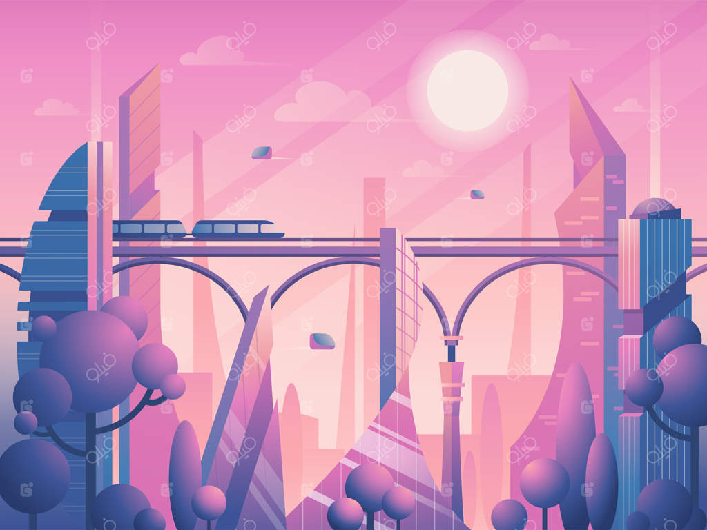 نمای شهری آینده‌نگرانه در غروب آفتاب - تصویرسازی وکتور