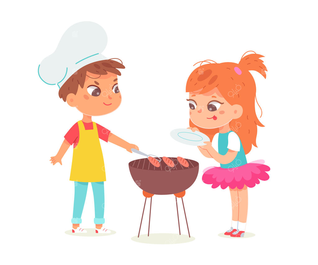 آشپز کوچولوی باذوق با پیشبند و کلاه در حال آشپزی در پیک‌نیک؛ پسر بچه در حال کباب کردن سوسیس‌ها برای دختری که بشقاب در دست دارد؛ سرآشپز حرفه‌ای کوچک در حال آشپزی.