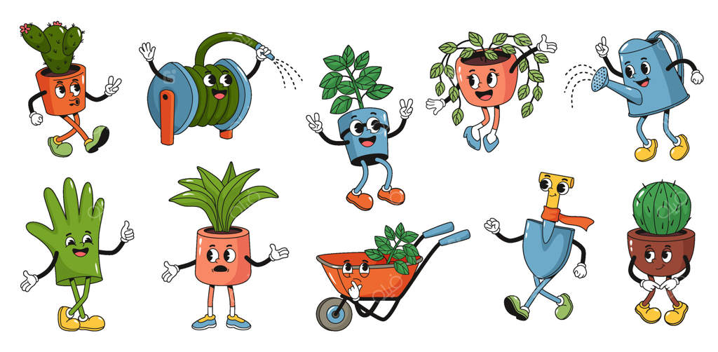 شخصیت‌های کارتونی باغبانی در سبک رترو. نمادهای ابزار باغبانی در سبک دهه ۳۰. گیاهان گلدانی خندان و بامزه شامل کاکتوس، آبپاش، شلنگ، دستکش، فرغون و بیل.