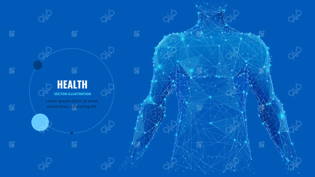بدن انتزاعی انسان در پس‌زمینه آبی با طراحی چندضلعی قسمت بالایی بدن