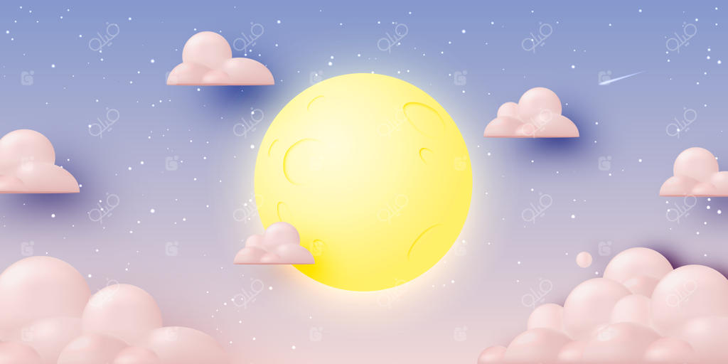 ماه کامل در شب پرستاره با سبک هنری کاغذی سه‌بعدی و رنگ‌های پاستلی