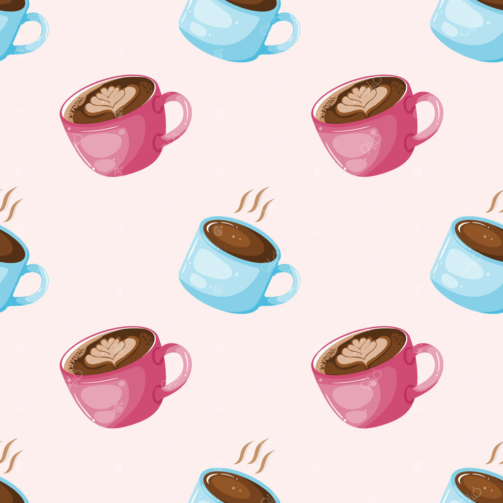 پترن جذاب و یکپارچه‌ای از لیوان‌های قهوه با کف و بخار و رنگ‌های گلبهی و آبی.