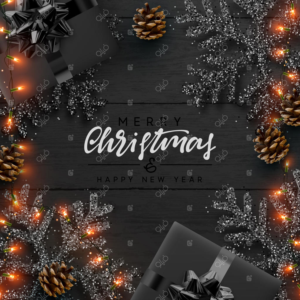 ترکیب‌بندی کریسمس روی پس‌زمینه چوبی: طراحی دکوراسیون کریسمس با جعبه هدیه، دانه برف مشکی، ریسه نور طلایی و میوه کاج. بافت چوب. نمای بالا. تصویرسازی برداری.