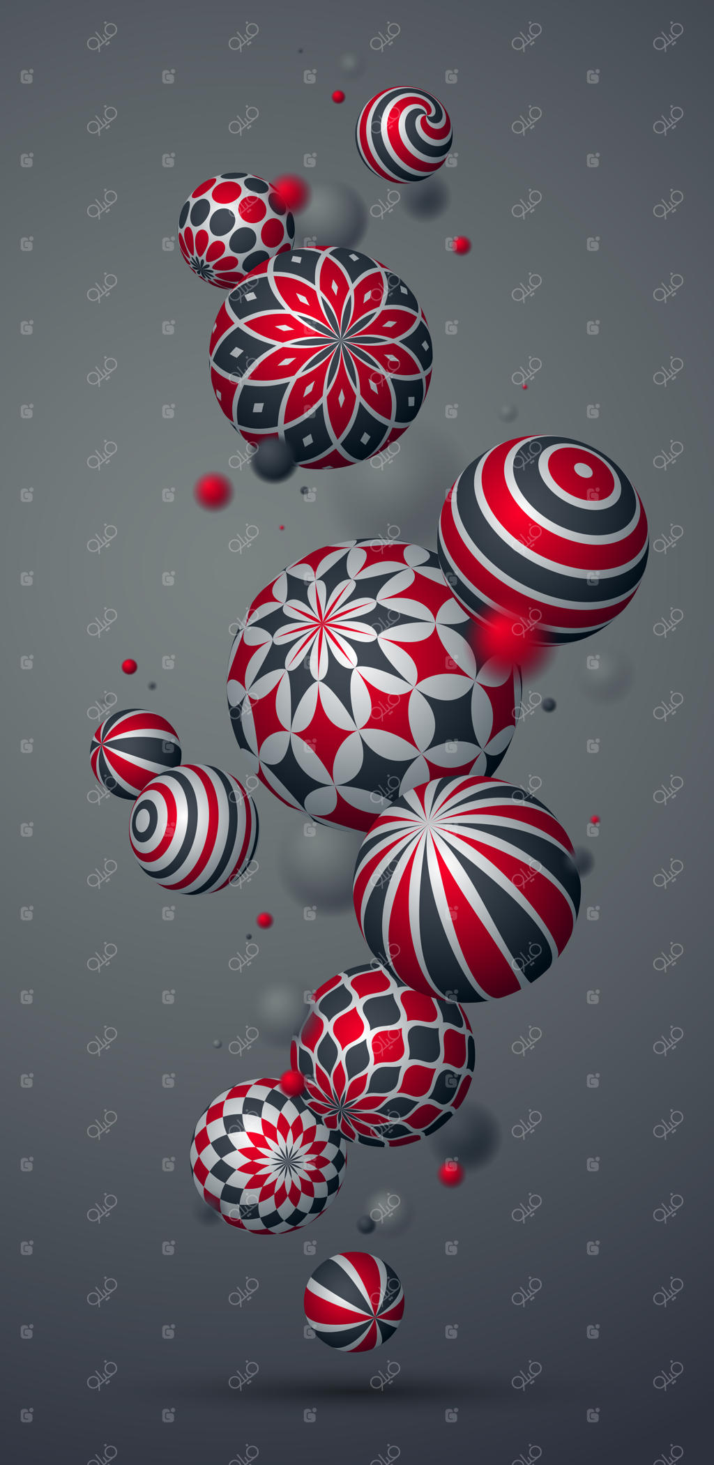 تصویرسازی وکتور کره‌های تزئین‌شده واقعی، پس‌زمینه انتزاعی گوشی با توپ‌های زیبا و طرح‌دار، والپیپر گوشی هوشمند، طراحی هنری کره‌های سه‌بعدی.