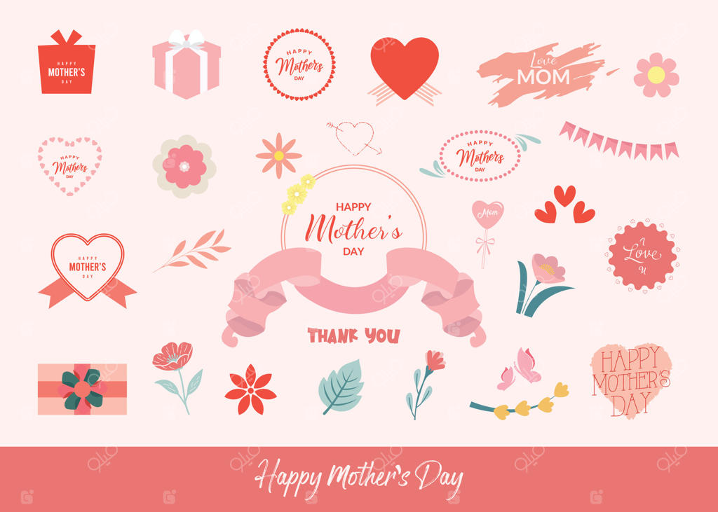 مجموعه‌ای از قاب‌ها، روبان‌ها و هدایا برای روز مادر با قلب‌ها، گل‌ها و برگ‌ها، مناسب برای جشن‌های بهاری و طراحی‌های احساسی