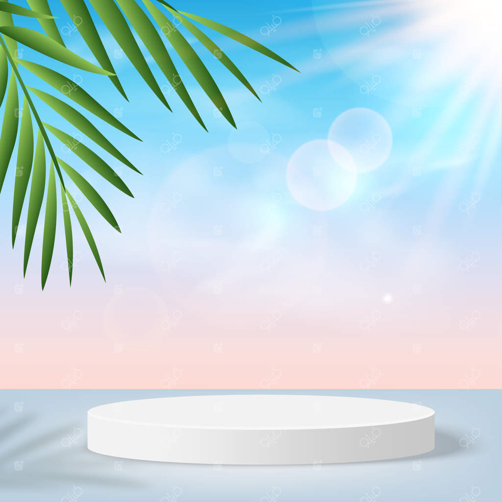 پس‌زمینه انتزاعی با سکوی هندسی آبی سه‌بعدی در آسمان.