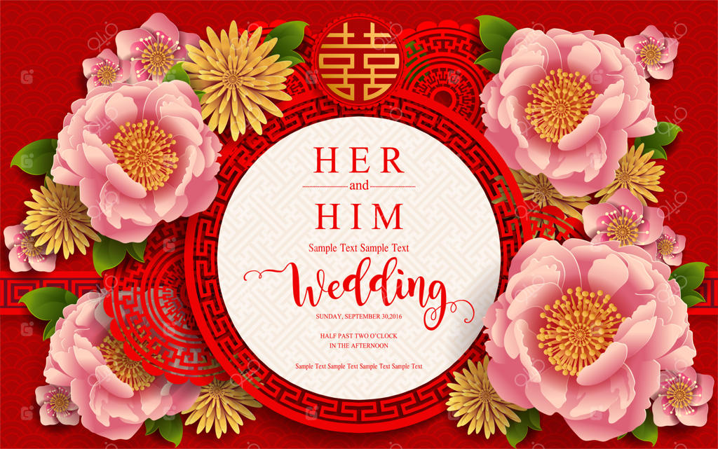 دعوتنامه عروسی سنتی چینی و قالب‌های منوی غذا با طرح‌های زیبا بر روی کاغذ رنگی.