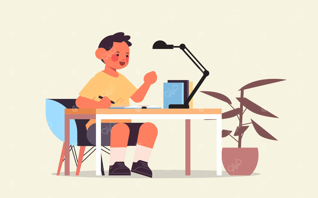 پسر بچه در حال مطالعه و انجام تکالیف مدرسه - مفاهیم آموزشی کودکی (تصویر برداری افقی)