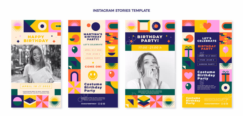 داستان‌های اینستاگرام تولد با طراحی مسطح و موزائیکی