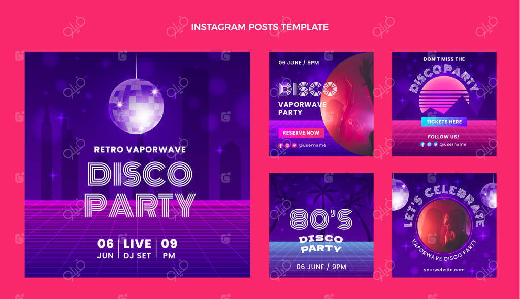مجموعه پست‌های اینستاگرام مهمانی دیسکو و ویپروایو به سبک گرادینت retro