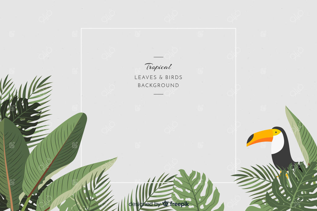تصویر پس‌زمینه با برگ‌های گرمسیری و پرندگان در طراحی دو بعدی