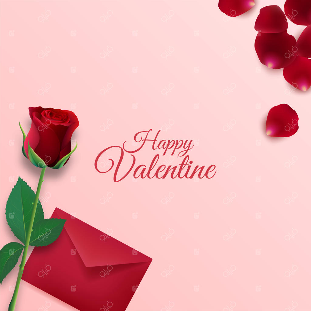 پس‌زمینه روز ولنتاین مبارک با تزیینات پاکت نامه و گلبرگ‌های گل رز روی پس‌زمینه صورتی