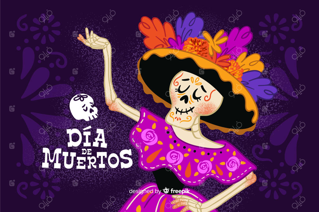 طراحی دست ساز روز مردگان با پس‌زمینه اسکلت بانو در حال رقص