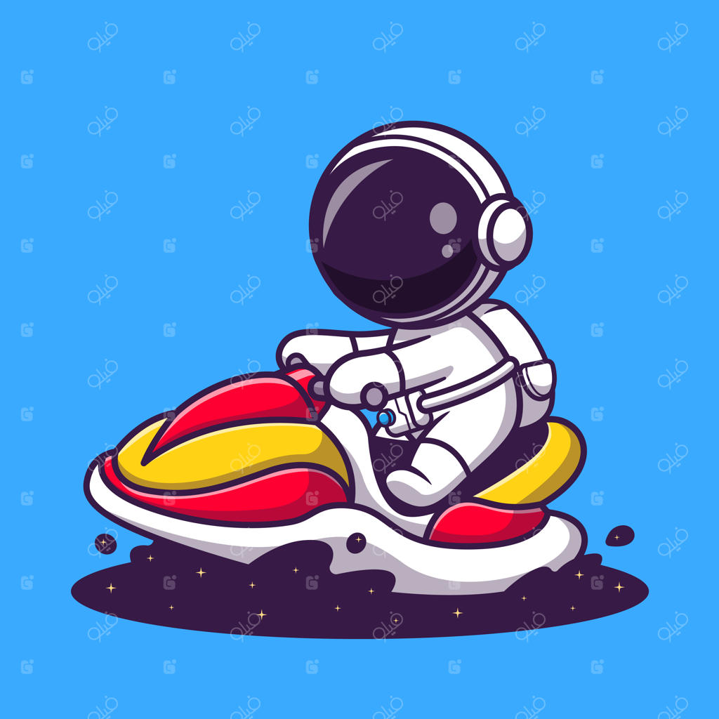 نماد کارتونی فضانورد بامزه سوار بر جت اسکی در فضا. مفهوم نماد علمی حمل و نقل. وکتور پریمیوم ایزوله شده به سبک کارتونی تخت