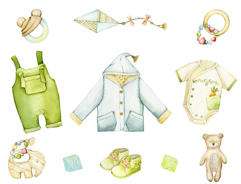 کت، بادی، سرهمی، بوت، فیل، خرس، بادبادک. ست آبرنگی، لباس، اسباب‌بازی و اکسسوری برای پسر بچه، به سبک بوهو.