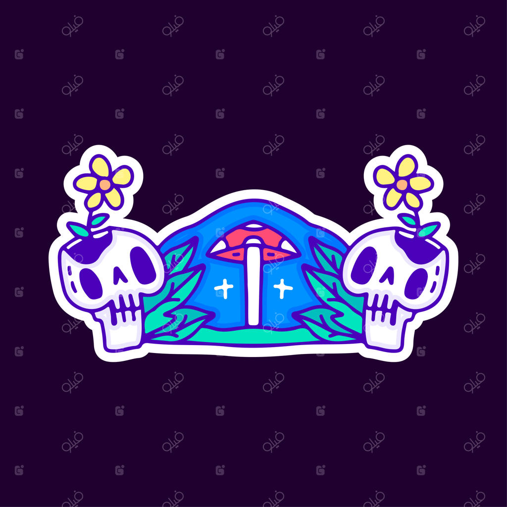 کارتون جمجمه گل آفتابگردان با قارچ‌های وحشی، طرحی برای تیشرت و برچسب.