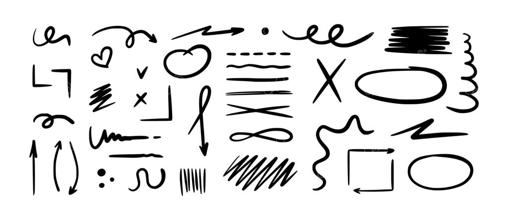 فلش‌ها، خطوط، نمادها و نشانه‌های دستی با ماژیک‌های سیاه روی پس‌زمینه سفید. عناصر طراحی به سبک دودل شامل دایره‌ها، علامت‌های تیک، خطوط مارپیچ، هایلایت‌ها و زیرخط‌ها. ایده‌آل برای