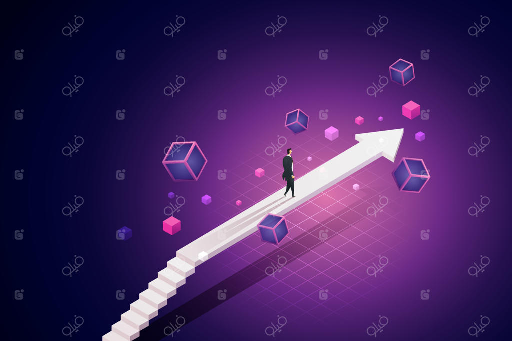 تاجر بر روی پل پیکانی که به سوی مسیر فناوری بلاکچین پیش می‌رود، قدم می‌گذارد.