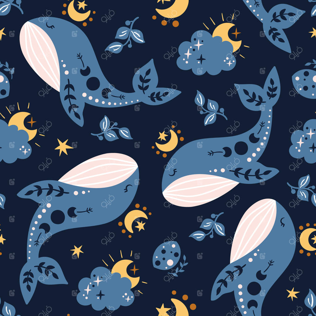 پترن بی‌پایان برای کودکان با طرح آبی نهنگ در سبک بوهو آسمانی