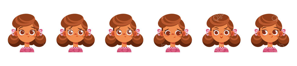 مجموعه‌ای از حالت‌های صورت دختر کارتونی بامزه مانند تعجب، غم، نگرانی، ناامیدی، شادی، کنجکاوی. مناسب برای پروژه‌های آموزشی، کارت‌های احساسی، کتاب کودک، اپلیکیشن‌ها، سلامت روان