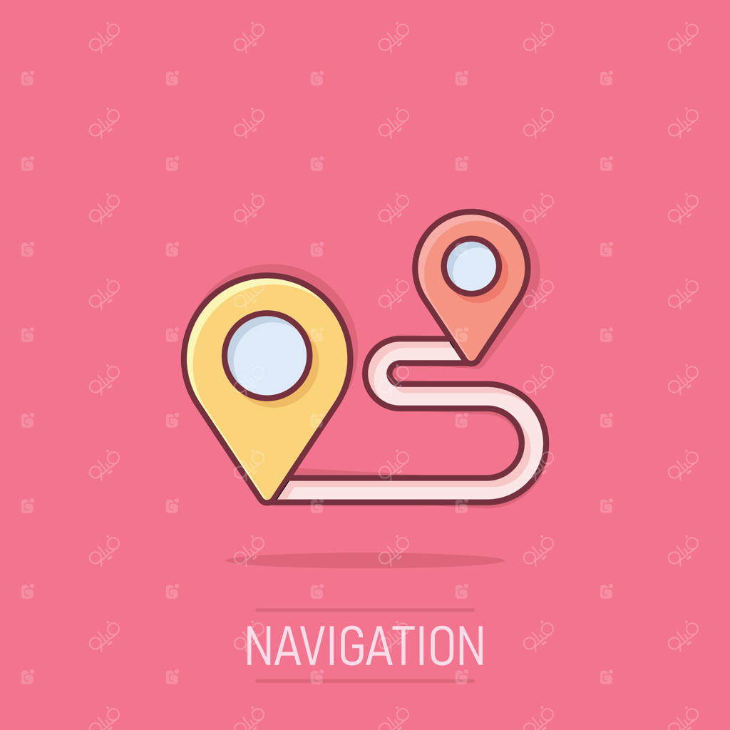 آیکون سنجاق نقشه به سبک کمیک. تصویرسازی کارتونی ناوبری GPS روی پس‌زمینه جدا. مفهوم تجاری اثر پاششی برای تعیین موقعیت.