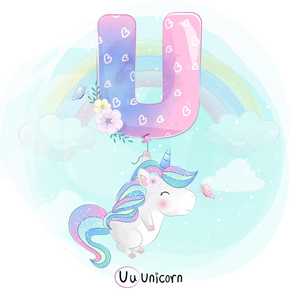 تک‌شاخ بامزه در حال پرواز با بادکنک حرف "U"