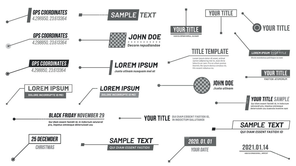 عنوان‌های حاشیه‌نویسی: برچسب‌های اطلاعات دیجیتال، نوار حاشیه‌نویسی و قالب مینیمال برای نمایش زیرنویس - مجموعه‌ای از طرح‌های وکتور.